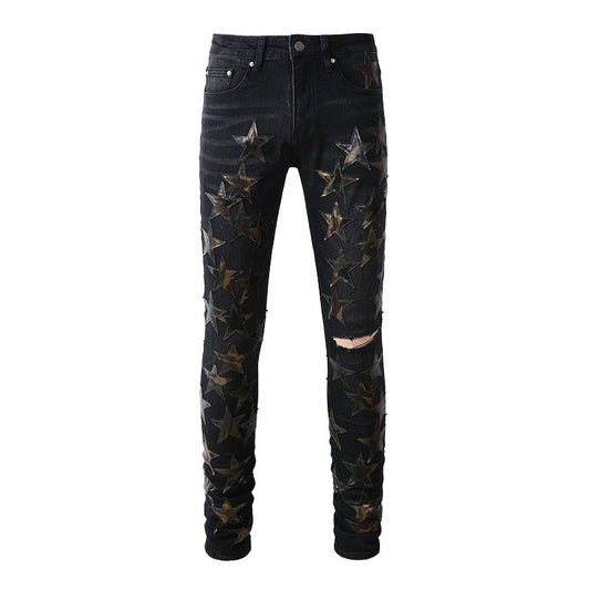 Ripped High Street Sticker Star Jeans High Craftsmanship Elastic Slim Fit #873