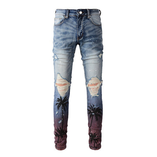 6597 Digital Printing Coconut Tree Pattern Spray Paint Ripped Jeans Elastic and Slim