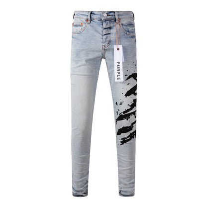 9048 Jean skinny violet pour homme avec détails déchirés Pantalon de motard en denim à la mode avec patchs et design imprimé Jeans violet