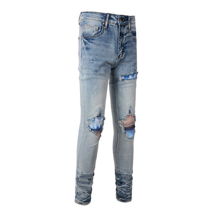 Personalized Printing Ripped Patch Jeans for Men, A Large size Jeans 1342