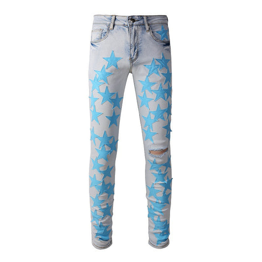 Ripped High Street Sticker Star Jeans High Craftsmanship Elastic Slim Fit #856