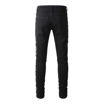Jeans déchirés avec motif camouflage en cuir skinny #842 