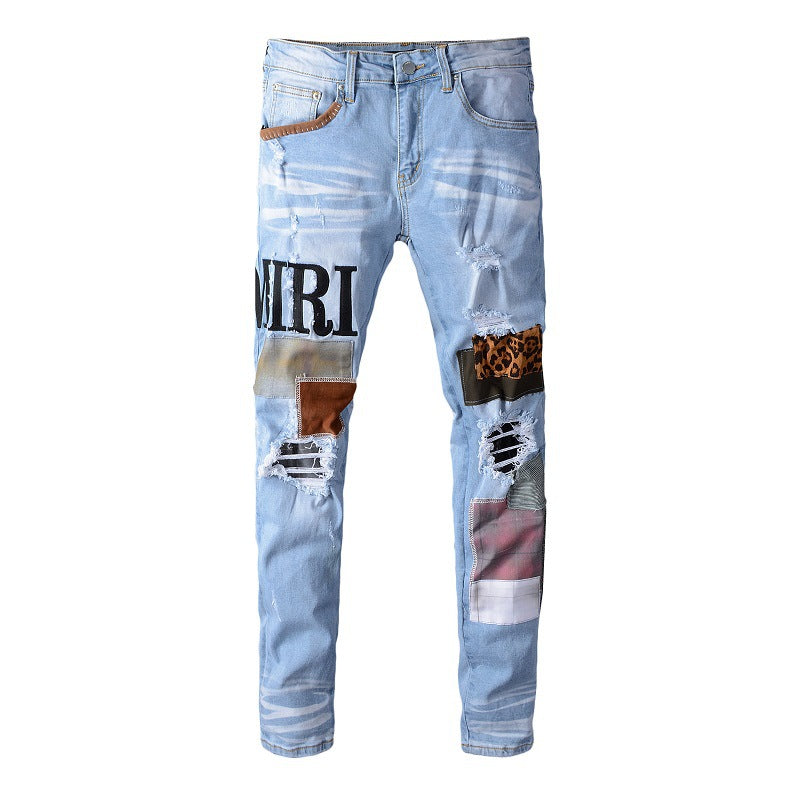 Light Blue Embroidery Leopard Print Patch Elastic Slim Hole Gradual Change Jeans #614