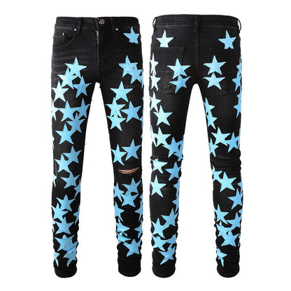 Jeans Pentagram Splicing Jeans High Craft Elastic Slim High Street Jeans 