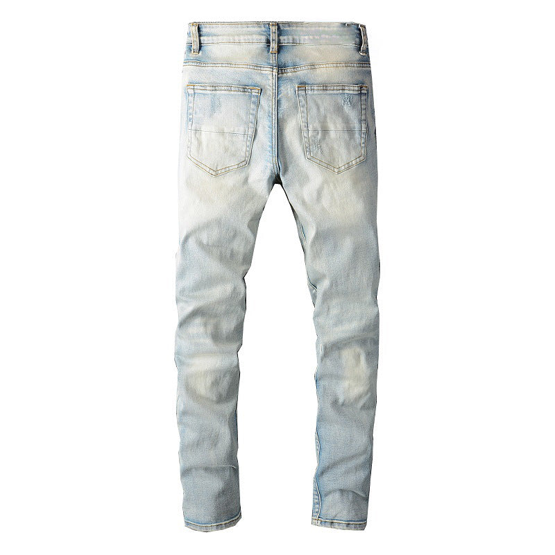 Street Denim Casual Trousers Micro elastic Cotton Youth Blue Ripped Skinny Jeans #697