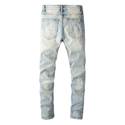 Street Denim Casual Trousers Micro elastic Cotton Youth Blue Ripped Skinny Jeans #697