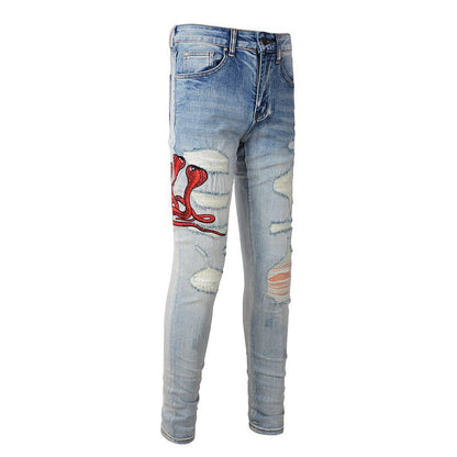 Street Embroidery Patch Small Feet Blue Jeans Men's Hair, Personalized Large Size Casual Pants #1346