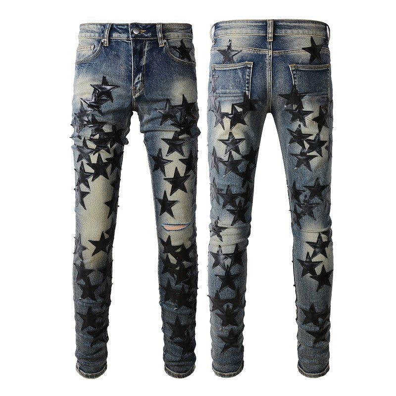 Jeans Pentagram Splicing Jeans High Craft Elastic Slim High Street Jeans 