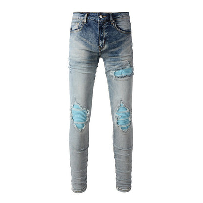 High Street Jeans Men's Ripped Eye catching Blue Patch Beggar Jeans Korean Version #1332