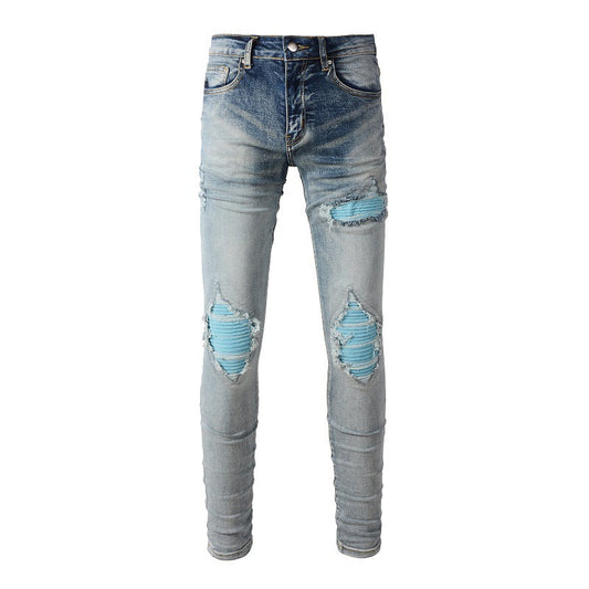 High Street Jeans Men's Ripped Eye catching Blue Patch Beggar Jeans Korean Version #1332
