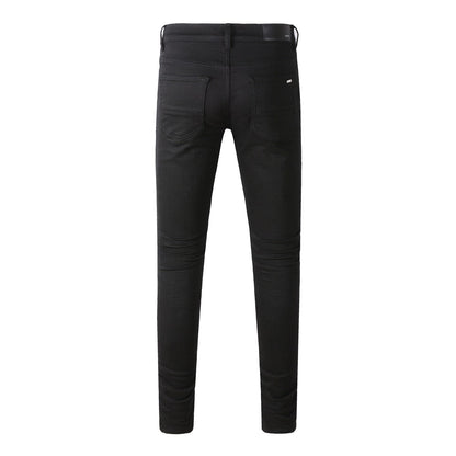 Jean slim stretch noir avec design polyvalent et empiècements en similicuir 8607