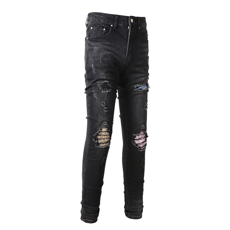 Jean déchiré Street Patch Pantalon slim pour homme High Street Denim #867 