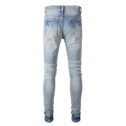 High Street Jeans Men's Ripped Patch Jeans Slim Fit Pants