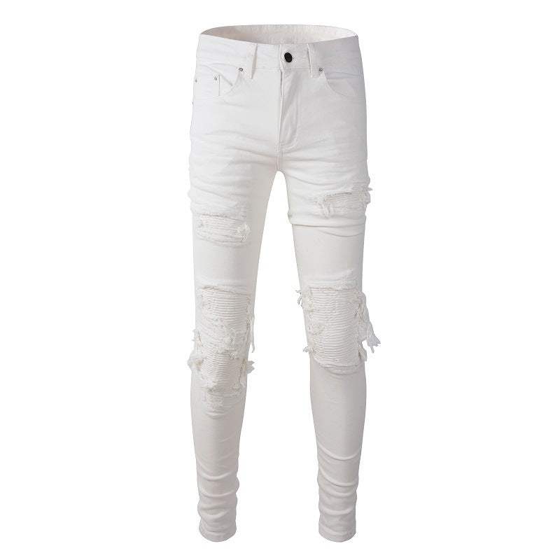 High Street Men's Slim Fit Jeans Ripped Patch Pants White Casual Jeans 7592
