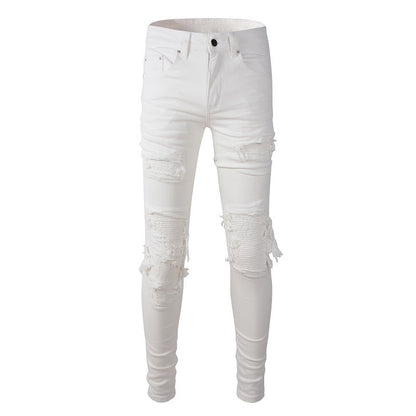 High Street Men's Slim Fit Jeans Ripped Patch Pants White Casual Jeans 7592