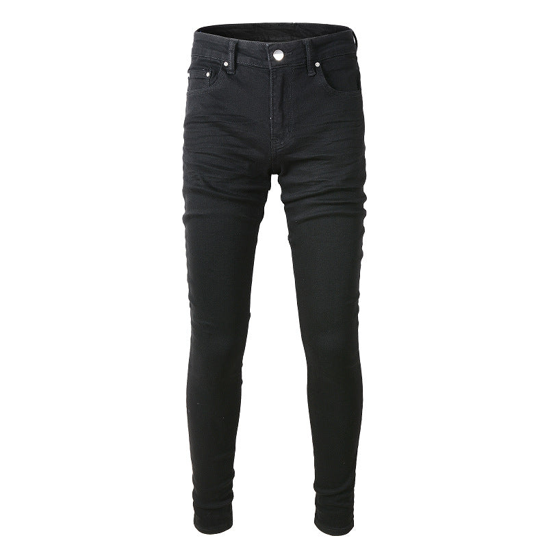 High Street Black Trousers Crumpled Jeans Stretch Men's Slim Fit Small Foot Jeans