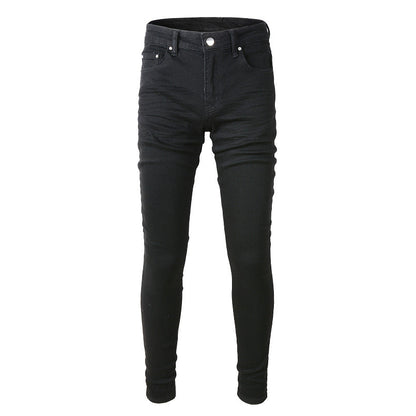 High Street Black Trousers Crumpled Jeans Stretch Men's Slim Fit Small Foot Jeans