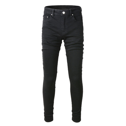 High Street Black Trousers Crumpled Jeans Stretch Men's Slim Fit Small Foot Jeans