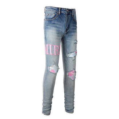 High Street Jeans Men's Ripped Patch Slim and Thin Small Feet Jeans Pants #1316