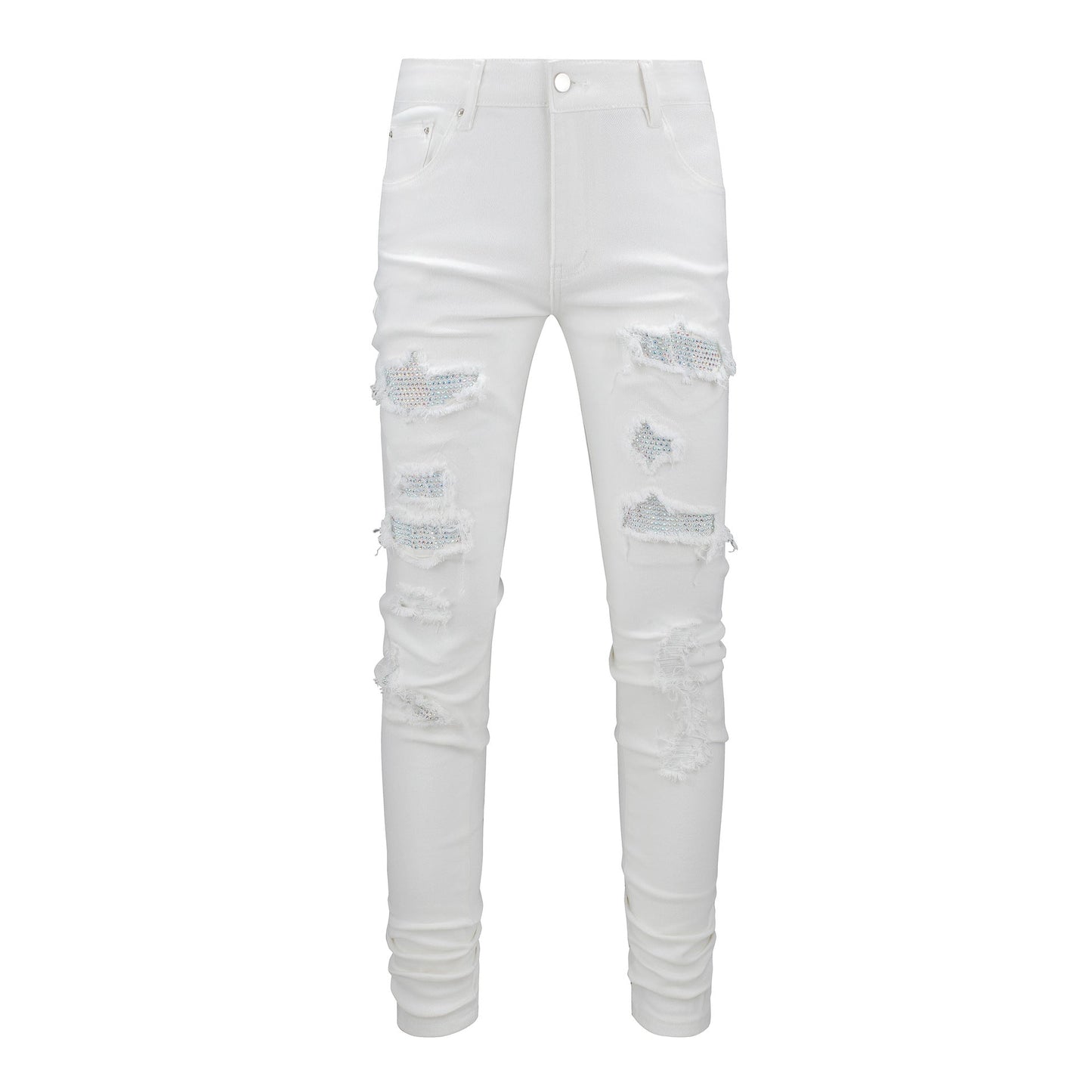 Vaqueros blancos ajustados para hombre con pedrería y parches para estilo urbano 625