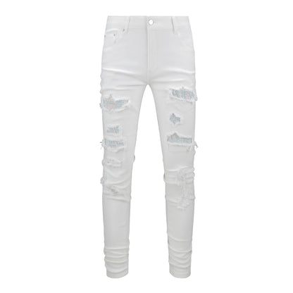 Vaqueros blancos ajustados para hombre con pedrería y parches para estilo urbano 625