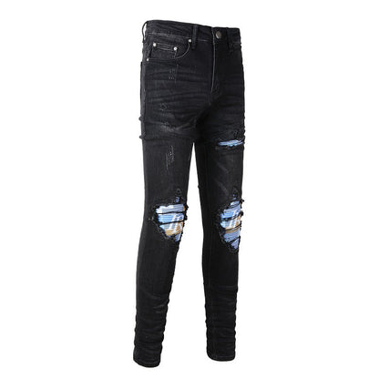 Street Washing Craft Letter Patch Jeans Retro Men's Stretch Slim Jeans
