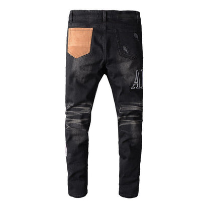 High Street Beggar Pants Hole Sticker Leopard Print Patch Slim Gradual Change Jeans Men #615