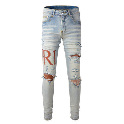 Street Ripped Patch Jeans High Street Slim Pants Denim #840
