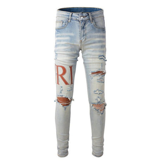Street Ripped Patch Jeans High Street Slim Pants Denim #840
