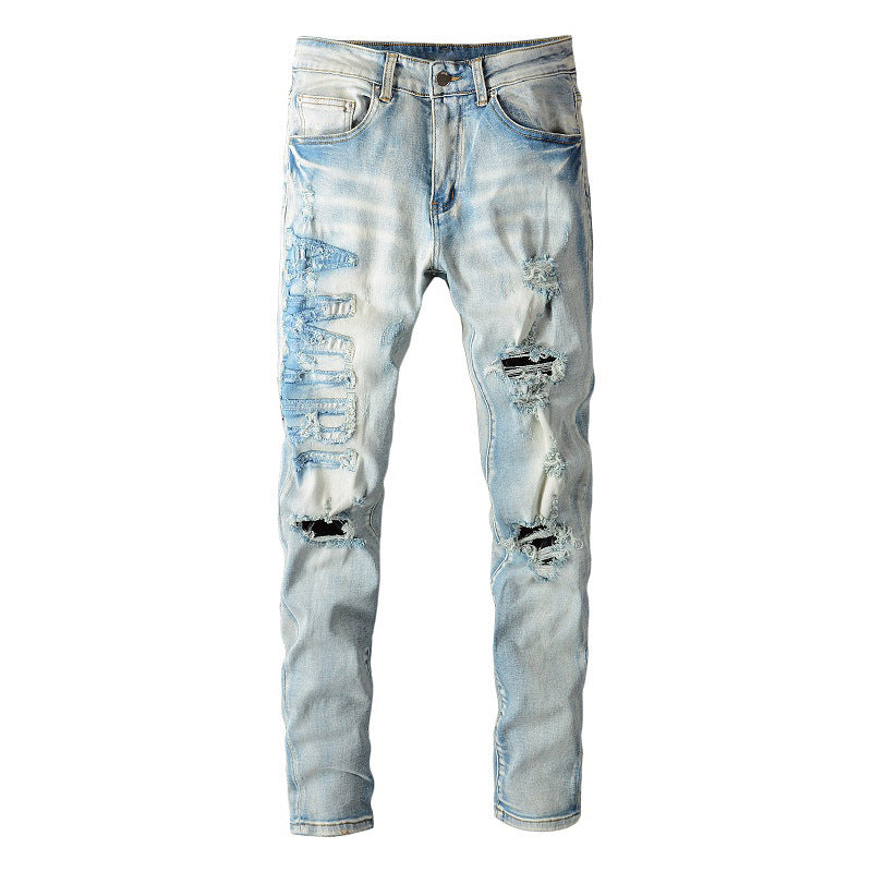 Street Denim Casual Trousers Micro elastic Cotton Youth Blue Ripped Skinny Jeans #697
