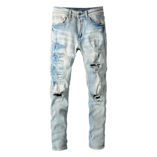 Street Denim Casual Trousers Micro elastic Cotton Youth Blue Ripped Skinny Jeans #697