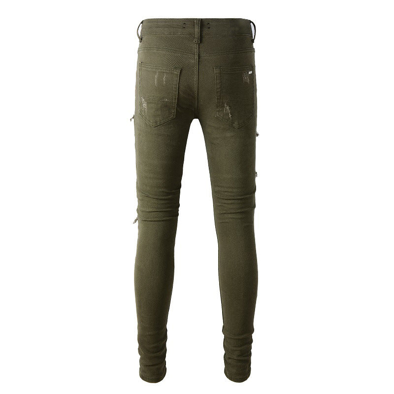 High Street Army Green Ripped Patch Jeans Elastic Slim #851