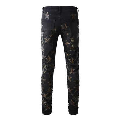 Ripped High Street Sticker Star Jeans High Craftsmanship Elastic Slim Fit #873