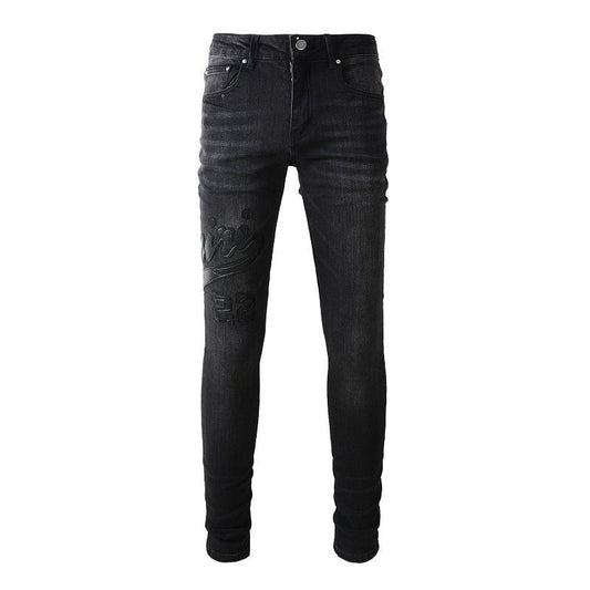 Street Embroidery Splicing Jeans High Street Men Stretch Slim Jeans #1312