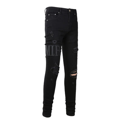 Street Ripped Letter Embroidered Jeans High Street Men Slim fitting Small Feet Jeans #892