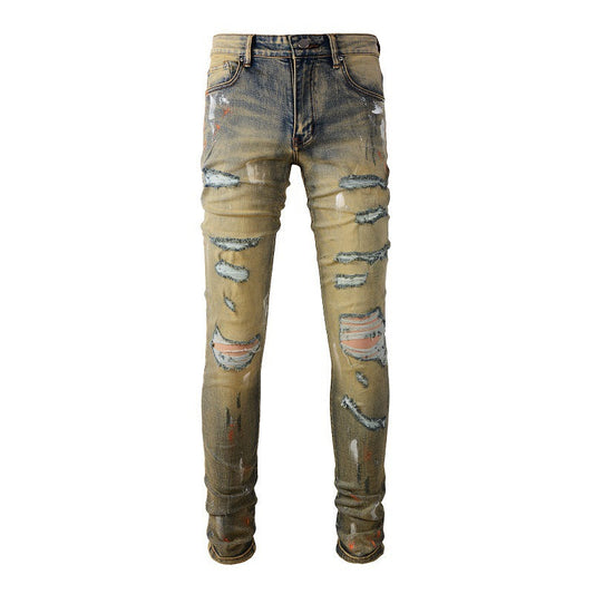 High Street Graffiti Ripped Patch Jeans Vintage Stretch Slim Jeans #6557