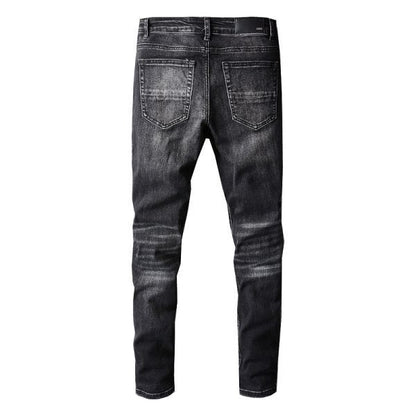 Vaqueros negros ajustados para hombre 698 con cómodos detalles elásticos y de patchwork
