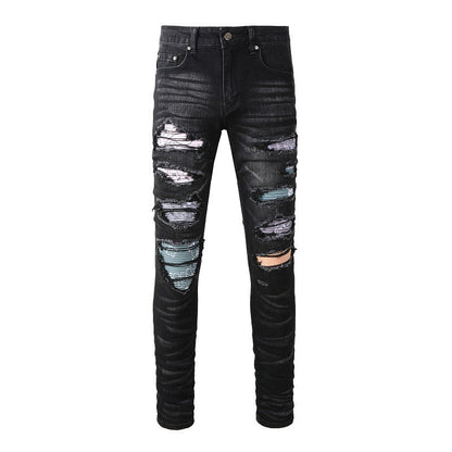 High Street Jeans Men's Ripped Colorful Patch Beggar Knee Jeans #1334