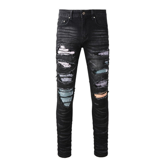 High Street Jeans Men's Ripped Colorful Patch Beggar Knee Jeans #1334