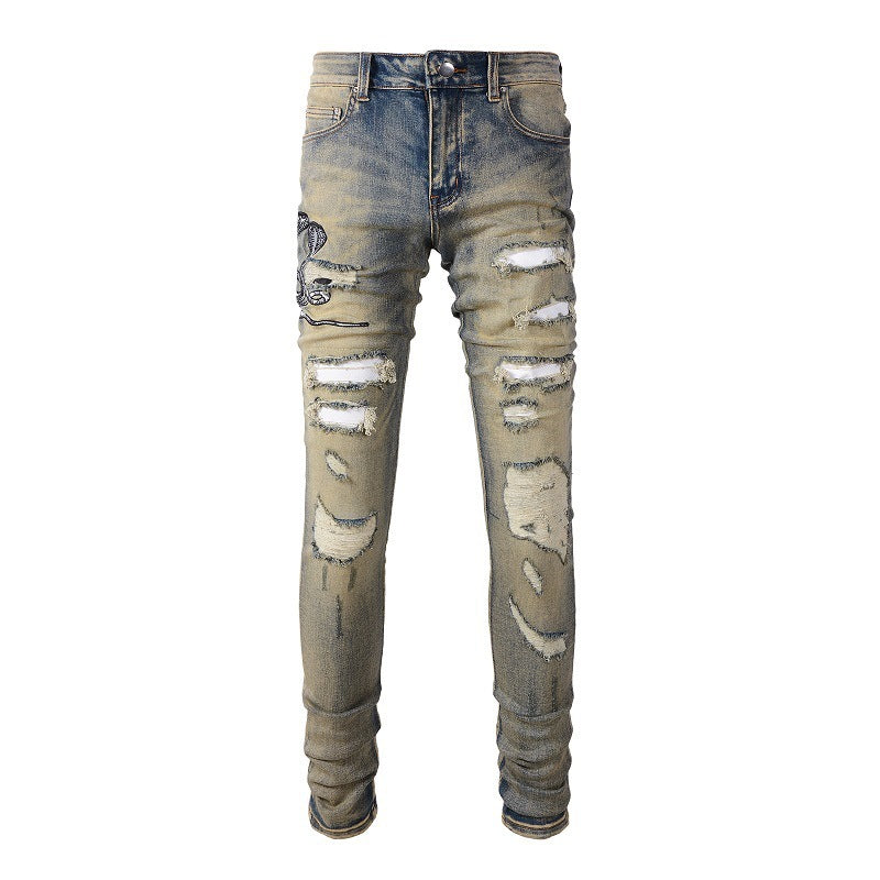 611 Retro Embroidered Cobra Ripped Patch Jeans Elastic Slim Denim