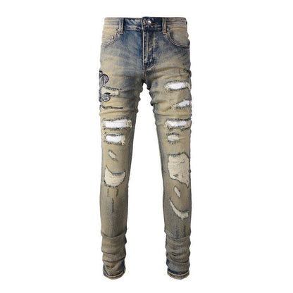 611 Retro Embroidered Cobra Ripped Patch Jeans Elastic Slim Denim