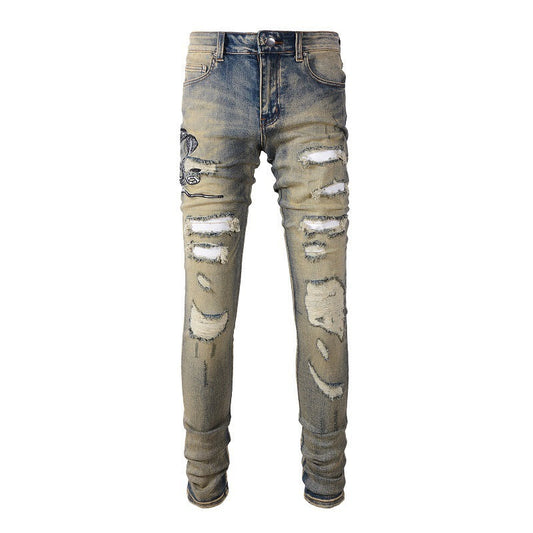611 Retro Embroidered Cobra Ripped Patch Jeans Elastic Slim Denim