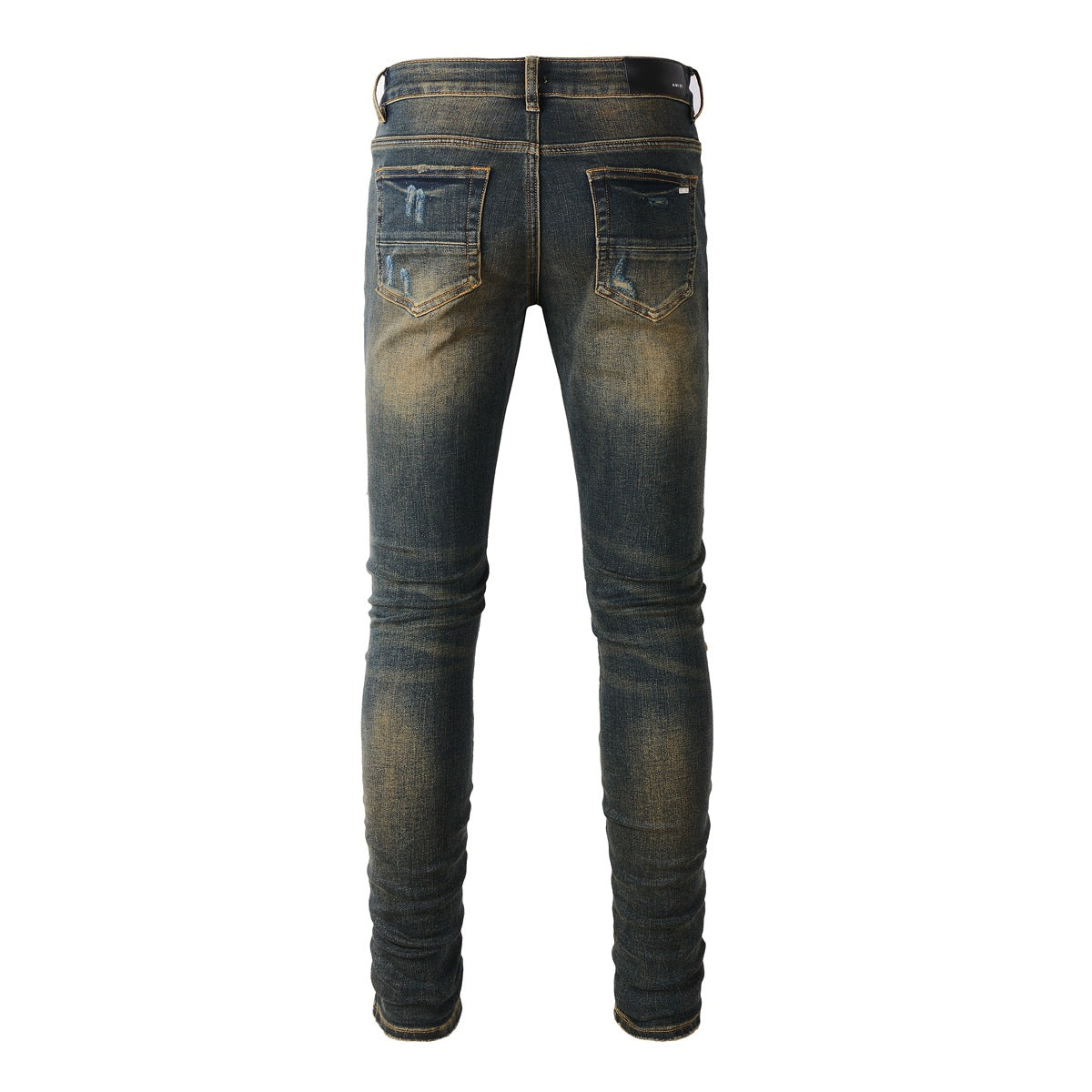 Jean slim stretch noir avec délavage vintage et détails en similicuir 8832
