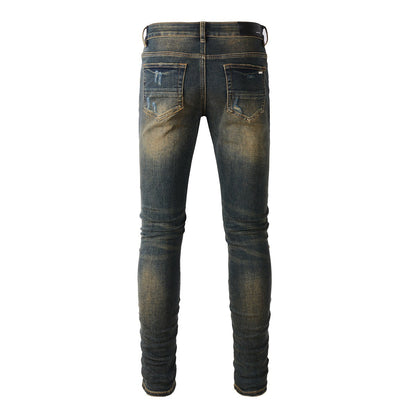 Jean slim stretch noir avec délavage vintage et détails en similicuir 8832