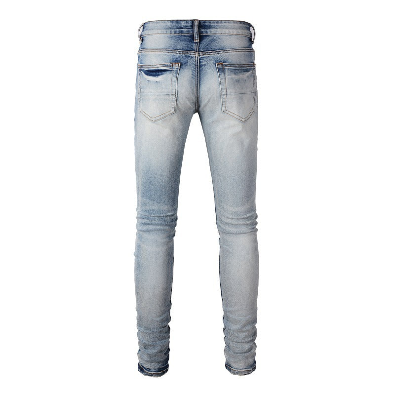 6666 High Street Ripped Patch Jeans Retro Men's Elastic Slim High Street Denim