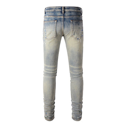 High Street Ink Graffiti Ripped Patch Stretch Slim Jeans #883