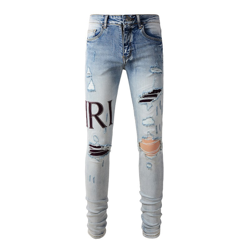 Street Letter Embroidered Jeans High Street Men Slim fitting Small Feet Jeans #1301
