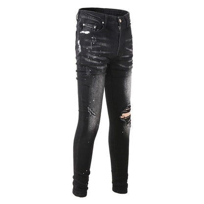 845 Street Ripped Patch Jeans High Street Slim Pants Denim