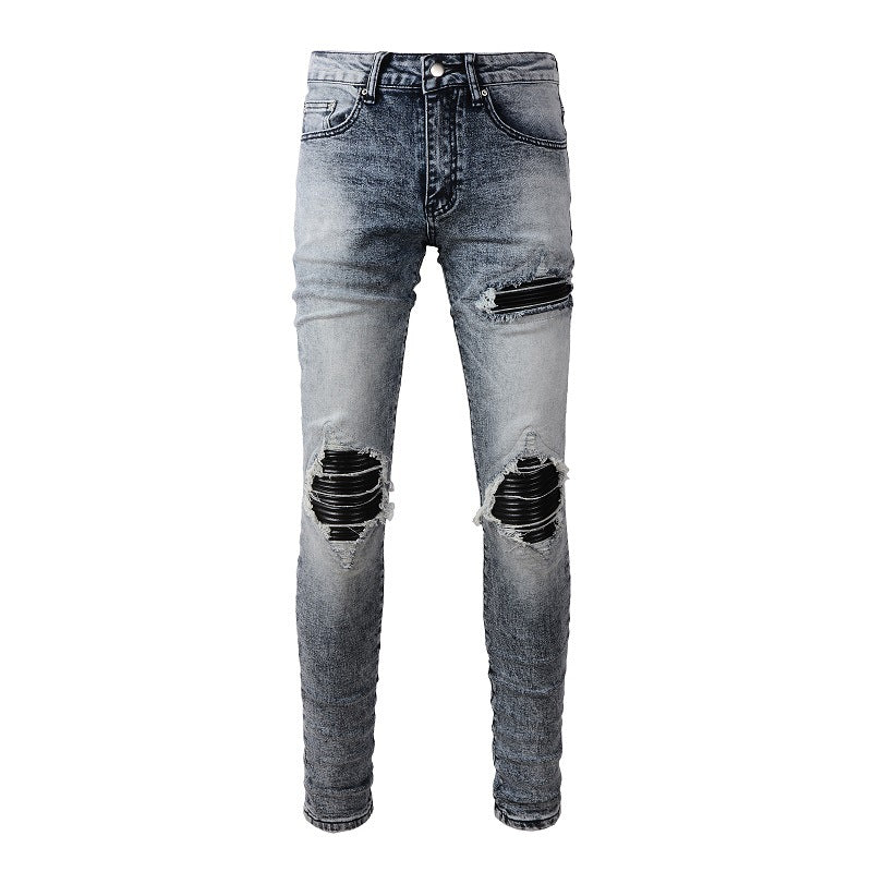 Retro Jeans Men's Pu Leather Ripped Patch Slim Fit Jeans #1338