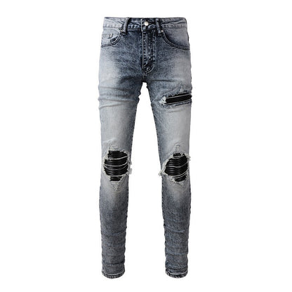 Retro Jeans Men's Pu Leather Ripped Patch Slim Fit Jeans #1338